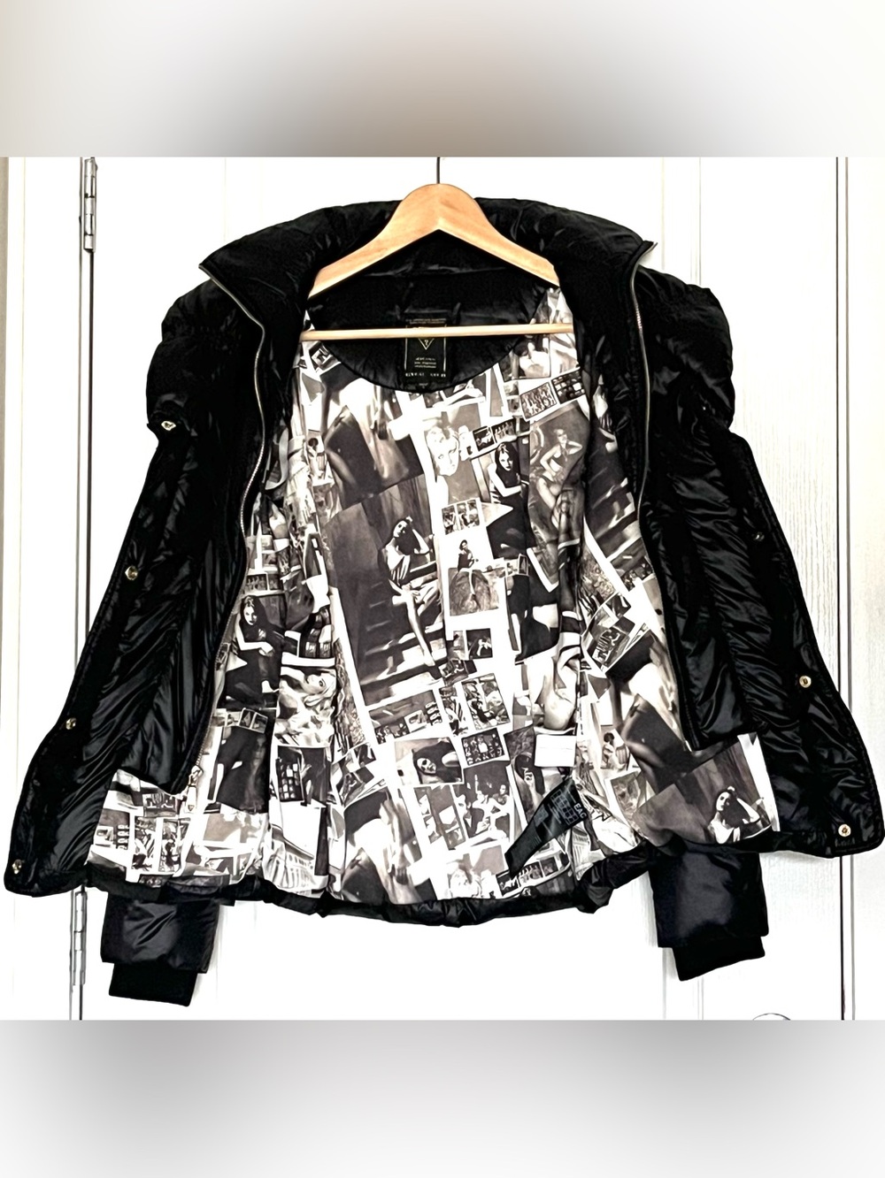 GUESS High Gloss Black Puffer Jacket Supermodel Photo Collage Lining Size S